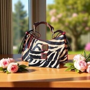 Reduced: Dooney & Bourke Zebra Print Hobo Style Handbag and Wallet Red Trim